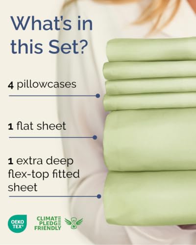 Image of Flex Top Split Head King 6 Piece Piece Sheet Set - Comfy Breathable & Cooling - Soft Hotel Luxury Bedding Set with 8-16 Inch Deep Pockets - 1 Flat & 1 Fitted Sheet & Pillowcases - Light Sage Green