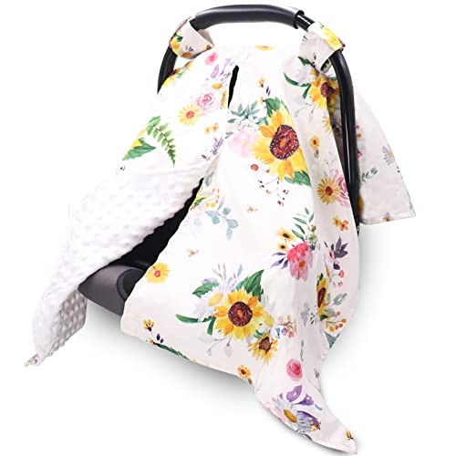 Image of Baby Carseat Canopy, Sunflower, Peekaboo Opening Carseat Cover for Boys and Girls, Minky Blanket, Carrier Cover Poncho, Nursing Covers for Breastfeeding