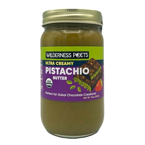 Image of Wilderness Poets, Organic Ultra Creamy Pistachio Nut Butter - 1 Pound (16 oz), Silky Smooth, Perfect for Dubai Chocolate-Inspired Creations. One ingredient: 100% Organic, California-Grown Pistachios