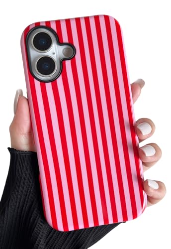 Longlayss Compatible with iPhone 17 Case Cute Aesthetic Striped Phone Case for Women Girl Shockproof Slim TPU and Hard PC Protective Cover (Pink and Red)