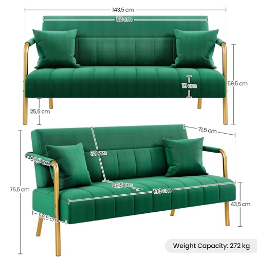 Yaheetech 2 Seater Modern Sofa Velvet Fabric Loveseat with Gold-tone Metal Arms and Legs for Bedroom, Home Office, Studio, Living Room Furniture Green - Image 3