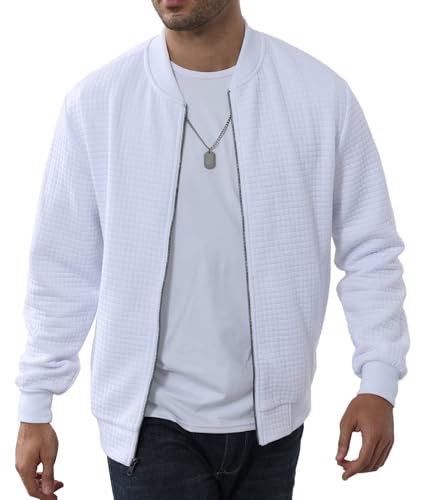Image of YuKaiChen Mens Lightweight Bomber Jacket Casual Plaid Jacquard Varsity Jacket Coat with Zipper Pockets