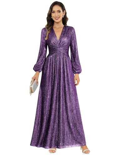 Image of Women's Formal Wedding Guest V Neck Glitter Sequins Mother of The Bride Dresses Long Sleeve