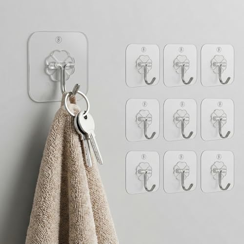 Image of Self Adhesive Wall Hooks - No Drill, Waterproof & Rustproof |Wall Hanging for Coat, Towel, Keys, Lights, Calendar |Stylish & Space-Saving Organizer |Strong Grip, Easy Install (Transparent PO10)