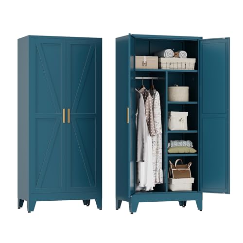 Farmhouse Wardrobe Cabinet,Metal Wardrobe Closet with Hanging Rod,Metal Armoire with Adjustable Shelves for Bedroom,Cloak Room,Office (Blue)
