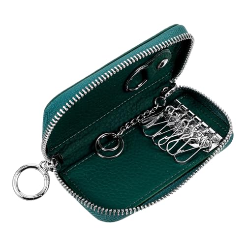Organizador minimalista de cuero verde para llaves de coche con cremallera y protección