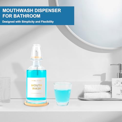 Image of Glass Mouthwash Dispenser for Bathroom 11.8OZ, Clear Refillable Mouthwash Container with Glass Mouthwash Cup, Bamboo Tray and Golden Sticker, Stainless Steel Pour Spout and Funnel