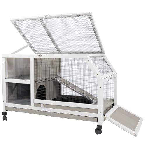 Indoor Rabbit Hutch - 36''L Outdoor Wooden Bunny Hutch with Wheels Rabbit Cage Guinea Pig Cages Removable Pull Out Tray, Ramp, Hideout, Small Animals