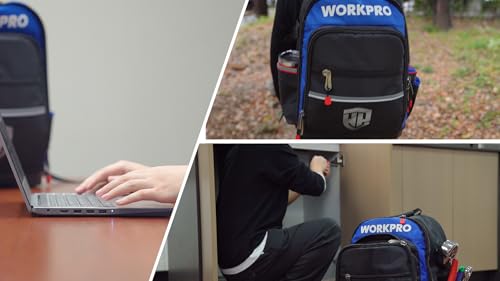 Image of WORKPRO WP281070 25L Tool Backpack, Size: 38 x 21 x 46cm, 36 Pocket Heavy Duty Tool Bag, Waterproof Molded Base, 840D tear-proof Polyester, Heavy Duty Zipper, Professional Tool Storage Backpack