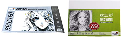 Image of Brustro Ultra Smooth Bristol Sheets, A4 Size, 250 GSM Pack of 20 + 4 Free Sheets & Brustro Drawing Papers 200 GSM A4, Contains 40+10 Sheets