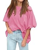 Tankaneo Womens Oversized Puff Short Sleeve T Shirt Summer Casual Crew Neck Tunic Tops Loose Fit Basic Tees Pink