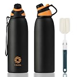 FJbottle 水筒 1.5リットル 真空断熱 スポーツボトル 保温 保冷 スポーツ飲料対応 1500ml 1.5l すいとう 広口 洗いやすい ステンレスボトル マグボトル 洗浄用スポンジ付き 女の子 男の子 おしゃれ 大人 子供 アウトドア ブラック