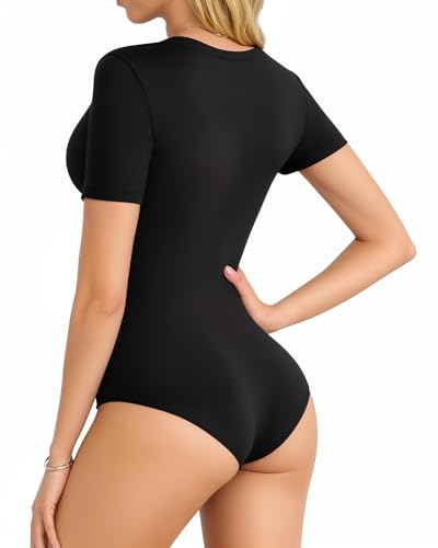 Image of MANGOPOP Women Modal V Neck Folded Over Short Sleeve Bodysuit Jumpsuit