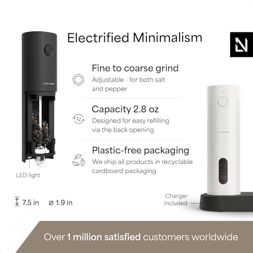 Image of LARS NYSOM Electric Salt and Pepper Grinder Set, USB Rechargeable, Automatic Salt and Pepper Mills, Spice Shakers Refillable with LED Light, Adjustable Coarseness, Ceramic Grinder (Black /White)