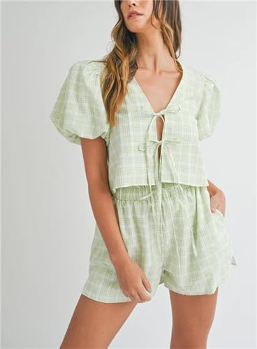 Image of Yuemengxuan Women Y2k Two Piece Plaid Lounge Sets Puff Sleeve Tie front Blouse Top High Waist Shorts Casual Pajamas Sets