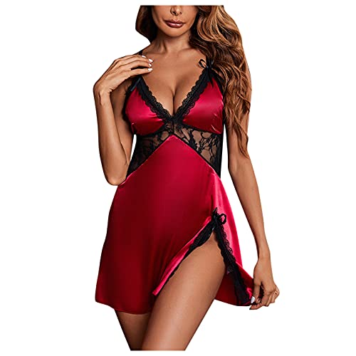 Damen Spitze Nachtkleid V-Ausschnitt Satin Schlafanzug Kurz Sexy Pyjama Schlafanzug Ärmellos Babydoll Dessous Kleid Negligee Cami Top Lingerie Reizwäsche Sleepwear