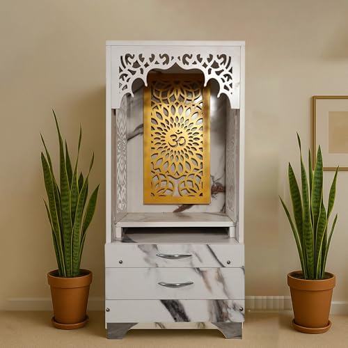 Image of Engineered Wooden Temple for Home & Gift | Corian Design Pooja Mandir Devghar | Compact Wooden Pooja Unit for Prayer Room & Living Space (White, LxWxH-43x43x100 cm)