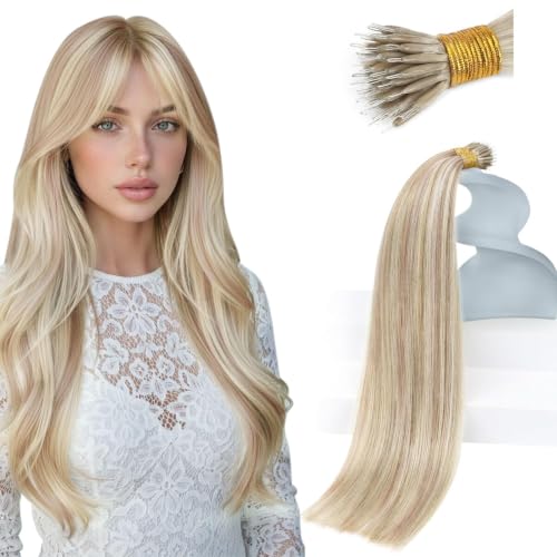 Sunny Hair Nano Bead Hair Extensions Ash Blonde Highlight 14 Inch