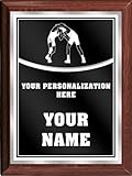 Crown Awards Wrestling Personalized Plaque Award, 6x8 Color Printed Metal Plate with Custom Engraving, Black with White Plaque On Wood Finish Prime