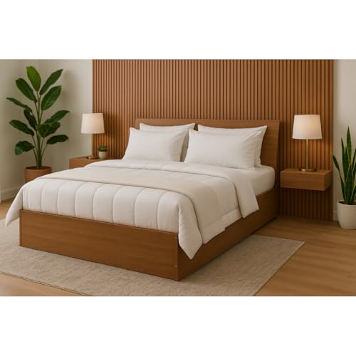 Image of MATTERHORN Engineered Wood Bed in Teak Brown - King Size (L2079 x W1875 x H300 mm) | Platform Bed | Modern Wooden Bed for Bedroom, Durable & Stylish Design (Almond Beige)