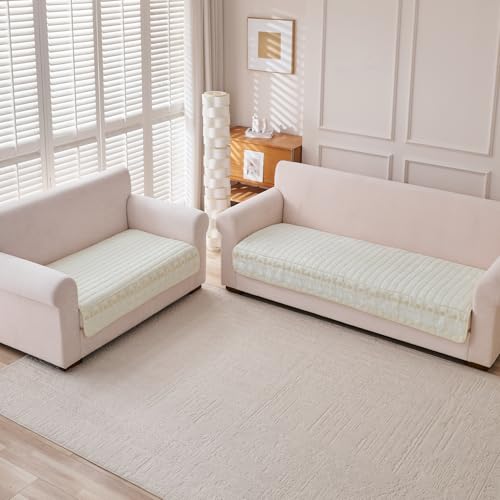 Image of HOKIPO 'BelleLace Series' Sofa Mat for 3 Seater and 2 Seater Sofa | Imperial Milk Velvet Sofa Cover with Lace Design | Pearl White (AR-5966+5964-WHT)