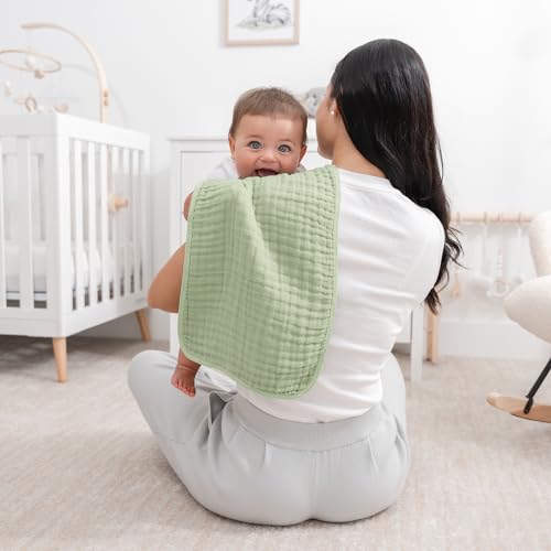 Image of Comfy Cubs Muslin Burp Cloths 20 inch x 10 inch, Pack of 10 - Large, 6-Layer, Ultra Absorbent 100% Cotton for Baby Drool and Messes - Soft, Safe & Gentle Baby Burp Cloths for Boys & Girls - Sage
