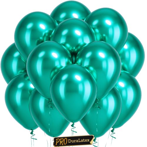 Image of Bezente Pro Duralatex Green Metallic Chrome Balloons - 100 Pack 12 inch Extra-Thick Metallic Green Balloons for Summer Wedding Engagement Bridal Shower Birthday Party Decorations