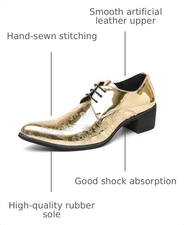 Image of Men's Printing Pointed-Toe Patent Leather Derby Oxford Shoes,Classic Lace-up Low Top Block High Heel Fashion Slip on Prom Business Wedding Dress Shoes