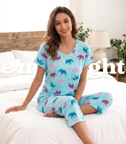 Image of ENJOYNIGHT Womens Pajama Sets Cotton Pj Set Short Sleeve Top With Capri Pants Sleepwear 2 Piece Lounge Set