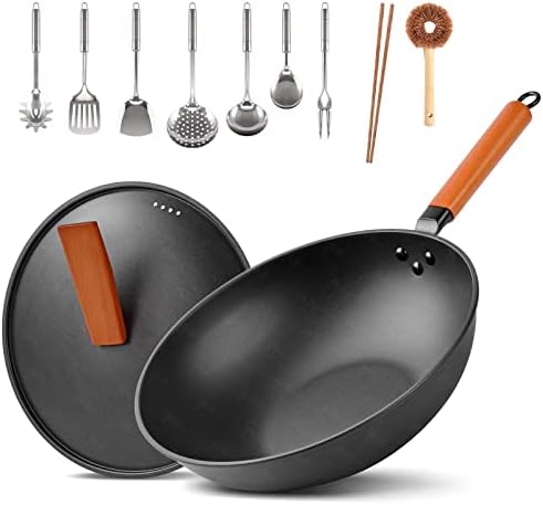 Carbon Steel Wok, 9 Pcs Wok Pan with Iron Lid & Handle Stir-Fry Pans 12.8" Chinese Wok Flat Bottom Wok with Cookware Accessories Suitabe for all Stoves (Black)