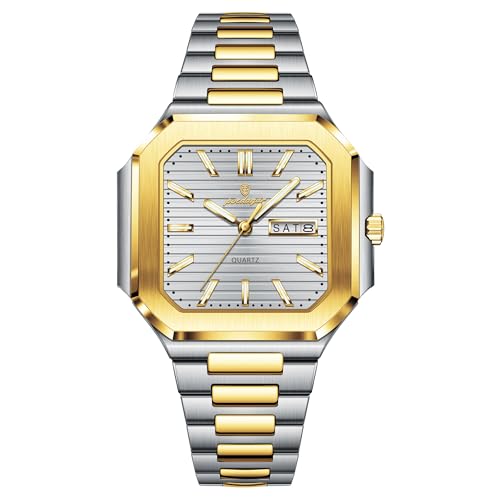 Poedagar Luxury Square Fashion Man Wristwatch Waterproof Luminous Date Week Quartz Men's Watches Stainless Steel Business Classic Men Watch (Gold White)