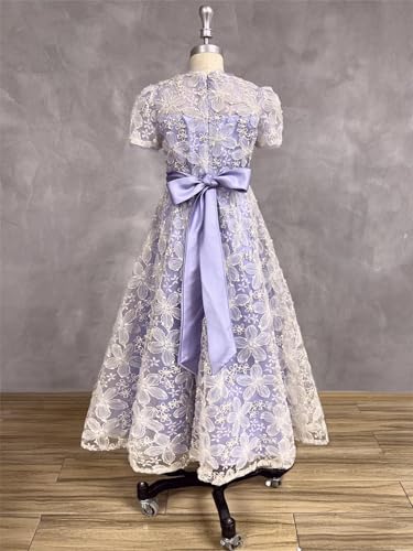 dideyttawl Girls Dress A-Line 3D Embroidery Tulle Flower Appliqued Satin Bow Tie Belt High-Waisted Elegant Full Length Dress4