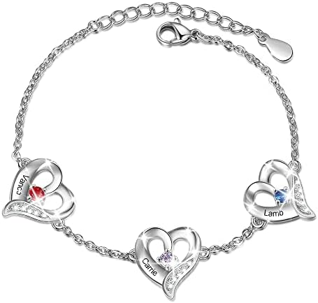 LanM Personalized Mom Gifts Mothers Charm Bracelet with 3 Birthstones Custom Name Bracelet for Mom Heart Bracelet for Women Family Jewelry for Girls Wife Girlfriend Birthday Mothers Day Gifts