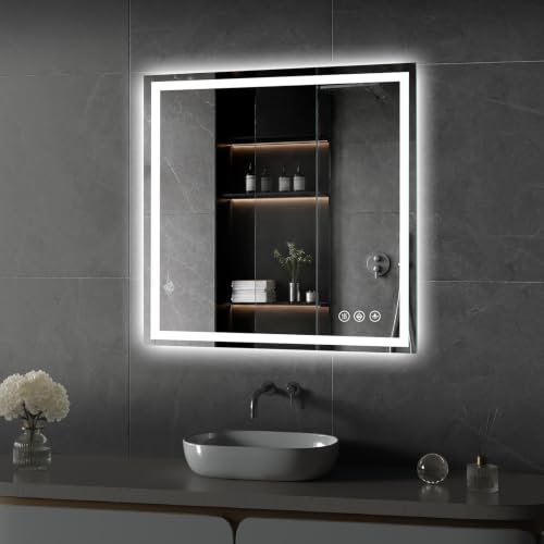 Image of Koonmi 28x28 LED Bathroom Mirror with Light, Anti-Fog, 3 Colors