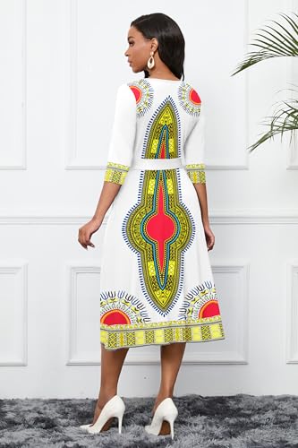 Image of CLOCOR Midi Dresses for Women Casual A-Line Fit and Flare Dress Crewneck 3 /4 Sleeve Keyhole Cocktail Party Church Dress