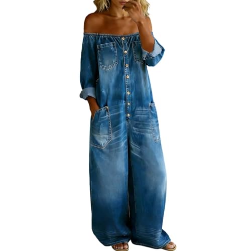 Generisch Jeans Salopette da donna, vestibilità larga, in denim regolabile,