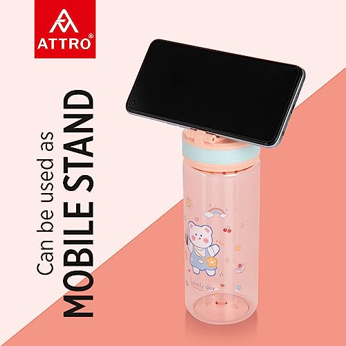 Image of Attro Champ 550ml Cute and Convenient Cartoon Printed Kids Plastic Water Bottle with Designer Hand Strap & Flip Lid BPA-Free-Perfect for School,Sports and Travel -Pink