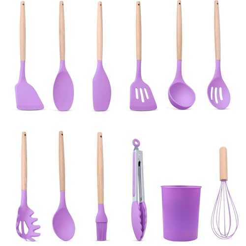 12 Pcs Silicone Utensils Set, Heat Resistant To 446°F, Non-Stick Kitchen Tools With Wooden Handles Stand, Silicone Cookware Set Eco-Friendly Bpa-Free (Purple)