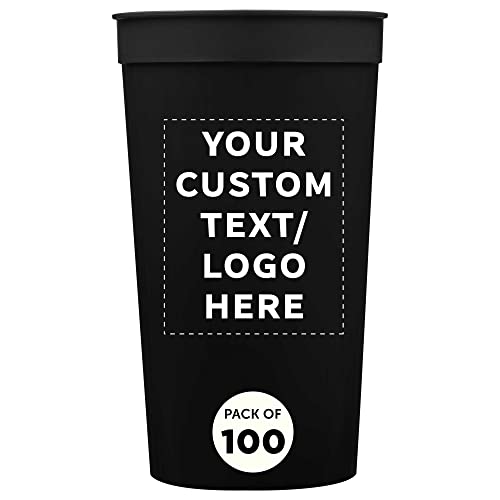 Custom Plastic Stadium Cups 32 oz. Set of 100, Personalized Bulk Pack - Perfect for Summer, Sporting Events, Birthdays, Picnic, Beach, Parties - Black