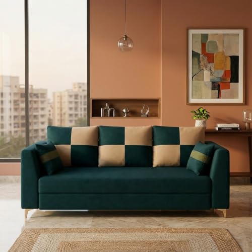 Image of FURNY Signature Cresta 3 Seater Sofa Set | Boston Fabric | 40D Foam + Zigzag Spring | 3-Yr Warranty (Ocean Teal-Beige)| Modern Living Luxury Sofa Set for Home, Office & Hotel Spaces