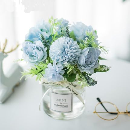 Miniatura 10 de Sunnyskar - Juego de flores artificiales pequeñas, arreglos de macetas de Ikebana, arreglos florales de mesa, flores falsas y jarrón (color N)