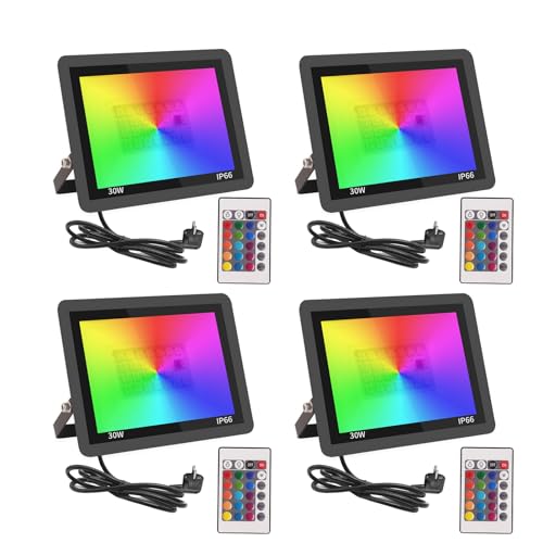 Fosingut RGB Focos Led Exterior,30W Foco Proyector LED Exterior Regulable con Control Remoto,Impermeable IP66 Lámpara RGB Foco Led Interior 4 Modos Para Fiesta,Jardin,Navidad,Paisaje Deco-4pcs
