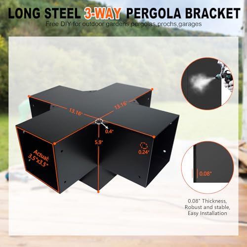 Image of 5-Way Pergola DIY Brackets Kit,Cross-Shaped Woodwork Brackets for 4 inch x 4 inch(Actual:3.5 inchx3.5 inch) Lumber,Black Metal Bracket for Patio Pergolas,Gazebos,Log Cabin W /Hardware (1 Pack)