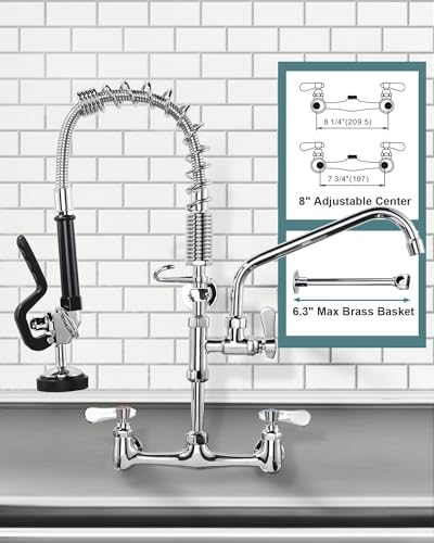 Image of 21 inch Height Commercial Faucet Wall Mount with Sprayer 8 inch Adjustable Center 10 inch Swing Spout, Kitchen Sink Faucets with Pull Down Pre-Rinse Sprayer for Restaurant Industrial Kitchen, Chrome