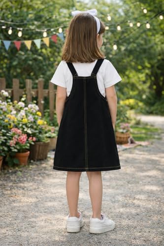 Image of superminis Girls Twill Denim Solid Color Dungree /Dress With Embroidered Pocket (1 Dress,1 Tee)