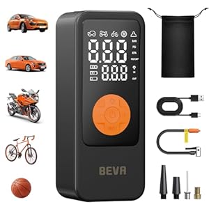 BEVA Inflador de neumáticos, compresor de aire portátil, bomba de aire de inflado 4 veces más rápida con medidor de presión digital, inflador de neumáticos inalámbrico de 150 PSI con luz LED para