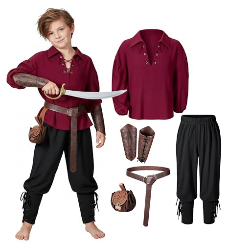 Kids Medieval Viking Pirate Renaissance Tunic Pants Accessories Costume for Boys Cosplay 6-8 Years RD-BK Red Black