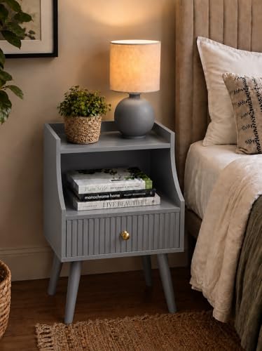 Image of ETIQUETTE ART Modern Fluted Nightstand with Drawer and Open Storage Shelf, Bedside Table with Round Edge, Boho Night Stand with Solid Wood Legs & Knob Handle End Table for Bedroom (Grey)
