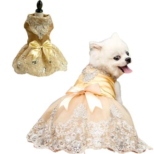 Nikkashop 犬 服 ドレス 犬 ウエディングドレス ペットのドレス 女の子 パーティードレス ワンピース 刺繍 リボン ライン レース キラキラ 結婚式 誕生日 記念日 クリスマス ハロウィン ベージュ Sサイズ