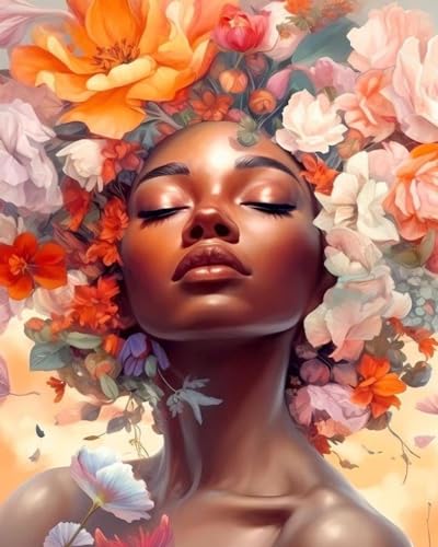 Image of Clendo DIY African Woman Paint by Numbers for Adults Canvas, Flowers and Girl Paint by Number Kits on Canvas - Oil Painting Kits Arts and Crafts for Home Decor 16x20 inch(Without Frame)